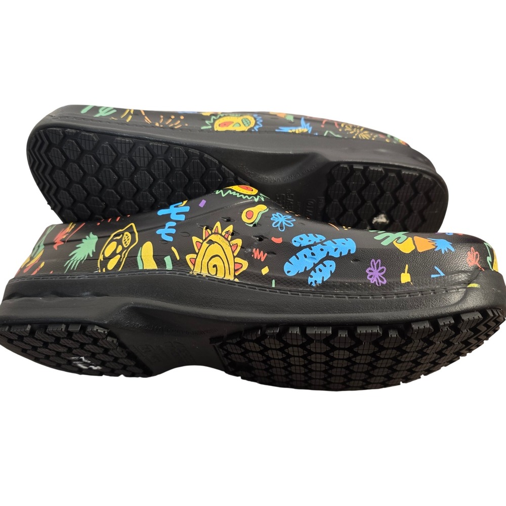 NEW Shoes For Crews Radium Black Multi Festive Print Slip Resistant Clogs M8 W10 - Picture 10 of 15